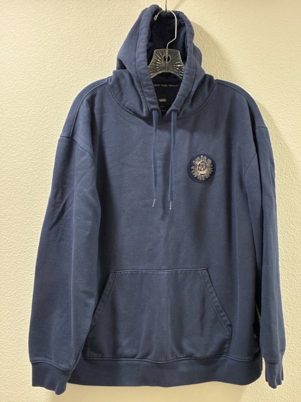 VANS Men/Unisex Navy Pullover Hoodie Skull/Sunflower Emblems Kangaroo Pocket L